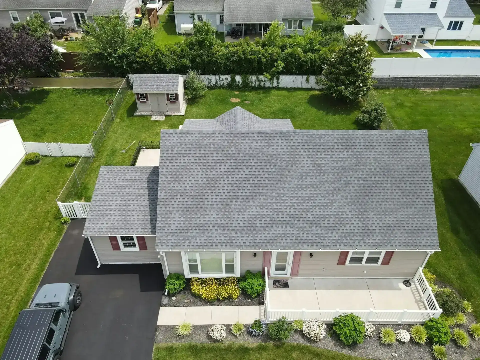 Aerial view of a home's shingle roof